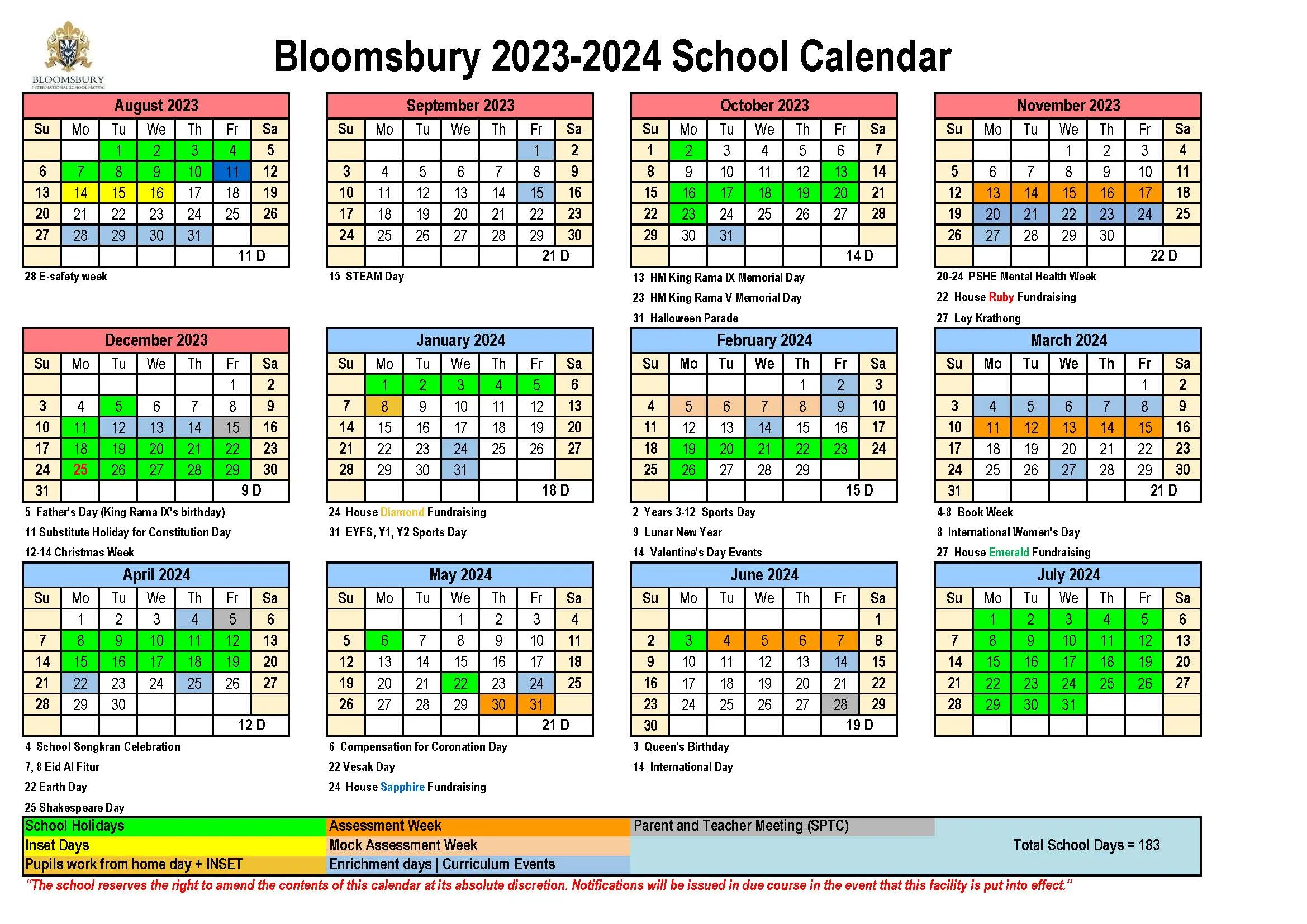 Bloomsbury School Calendar 2023-2024