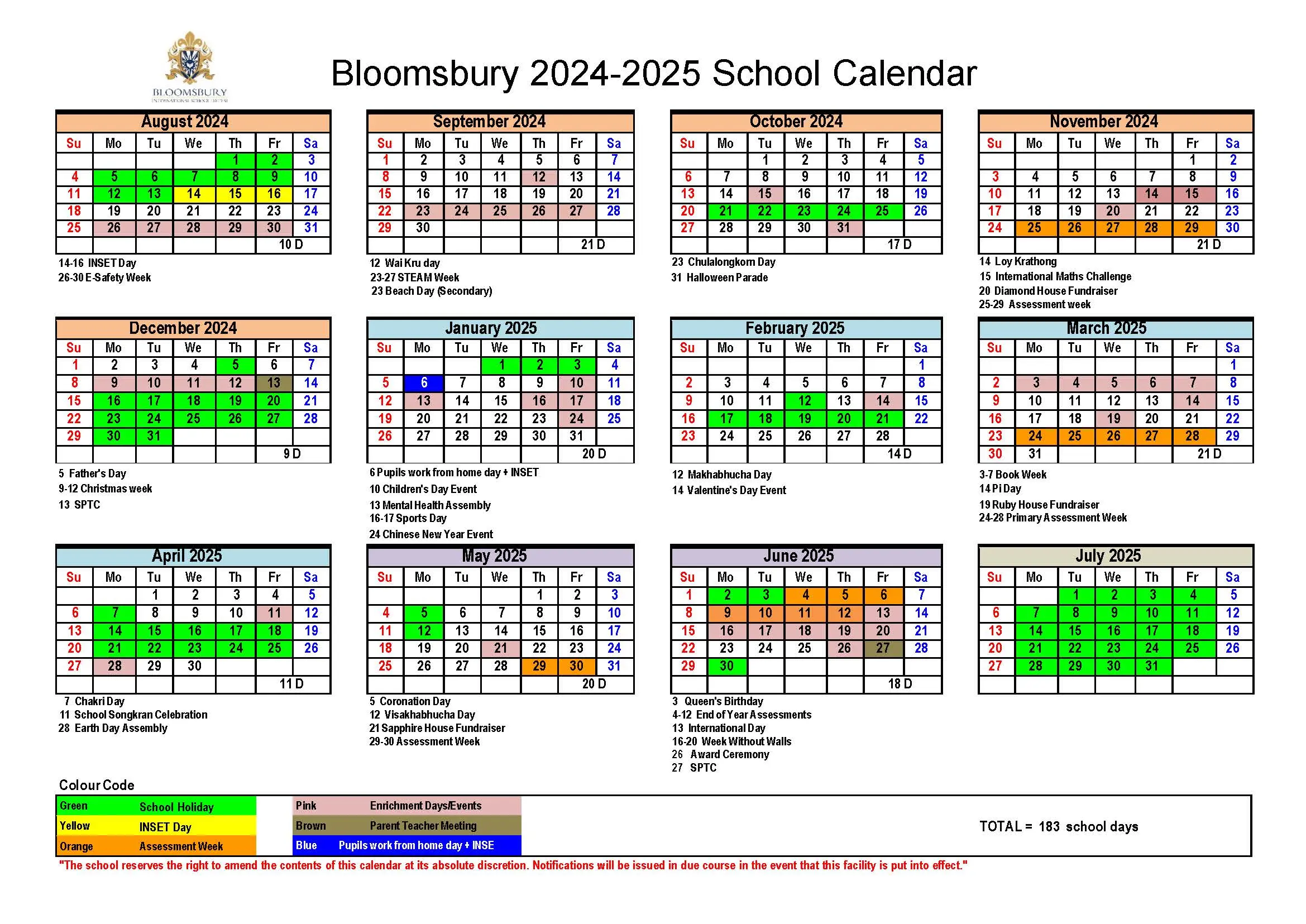 Bloomsbury School Calendar 2023-2024