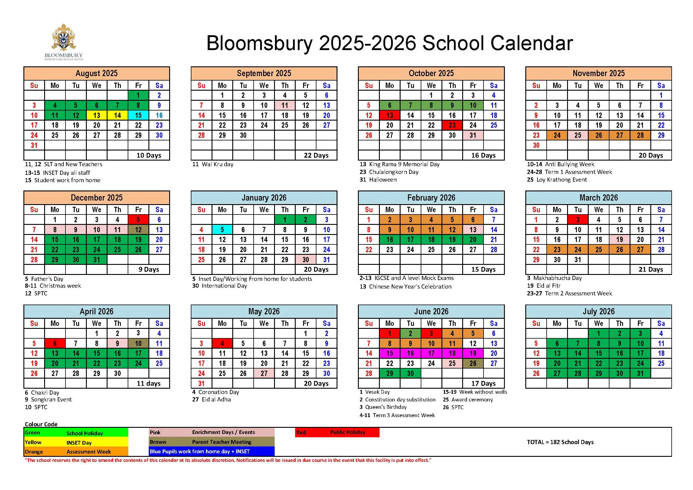 Bloomsbury School Calendar 2023-2024