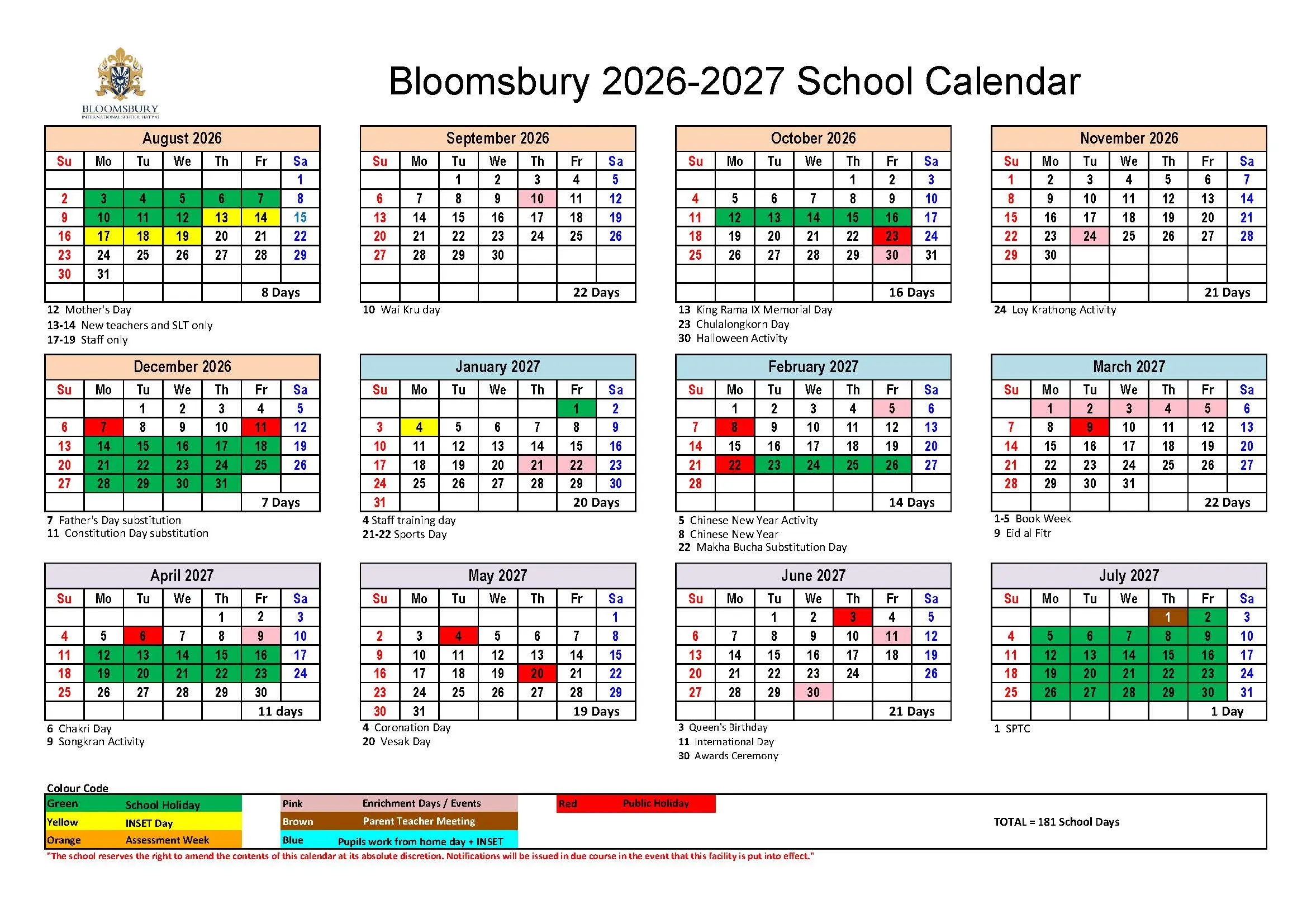 Bloomsbury School Calendar 2023-2024